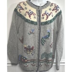 Vintage Embroidered Cardigan Sweater L Cottagecore Grandmacore Folk Wool SKYR